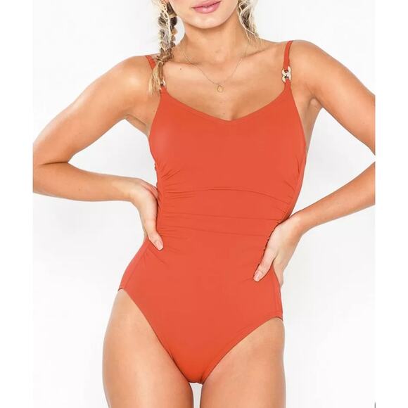 Michael Michael Kors MK one piece Swimsuit Terracotta Orange Women's 12 ruched - Picture 1 of 11